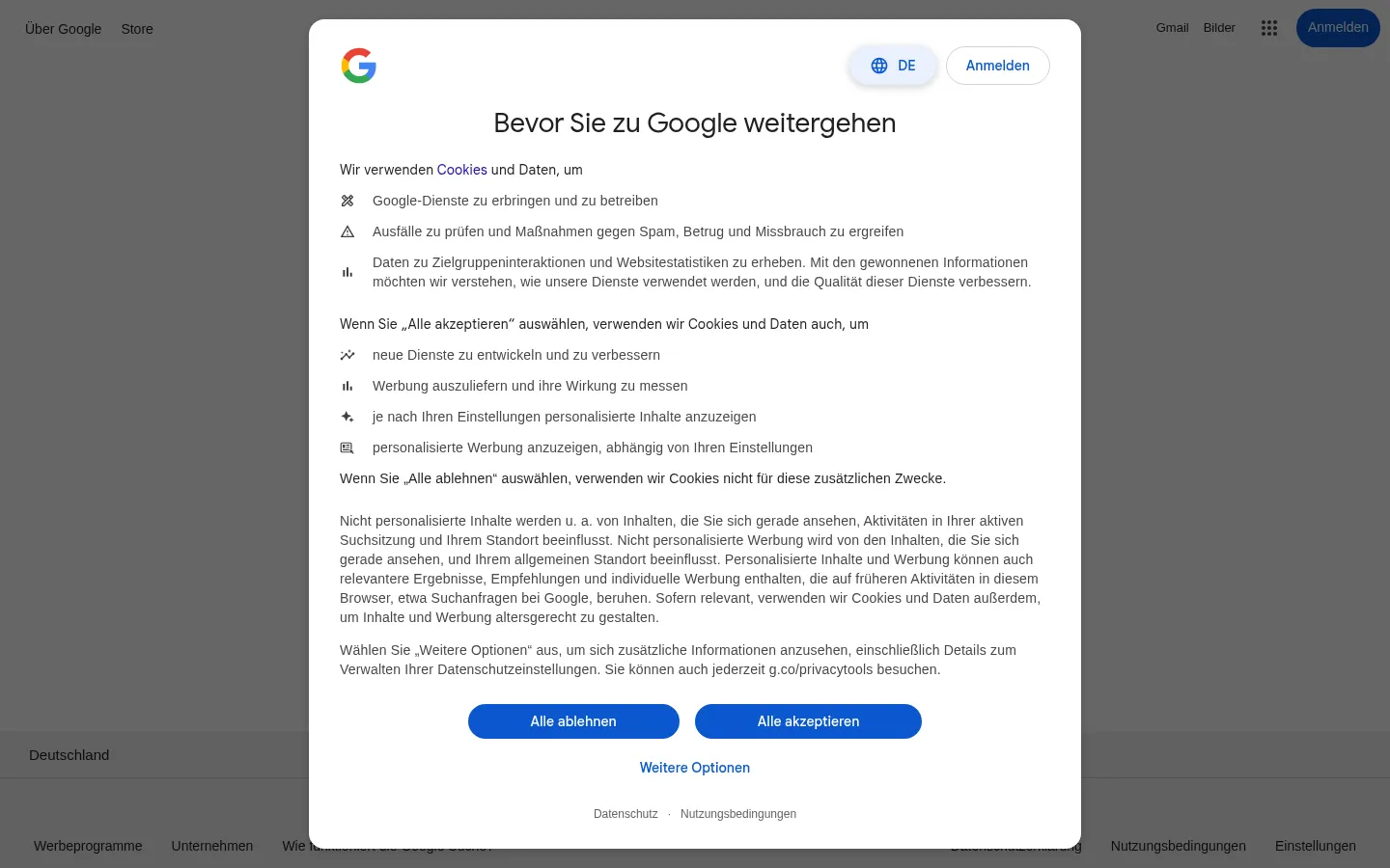 Screenshot der geprüften Website https://google.de/