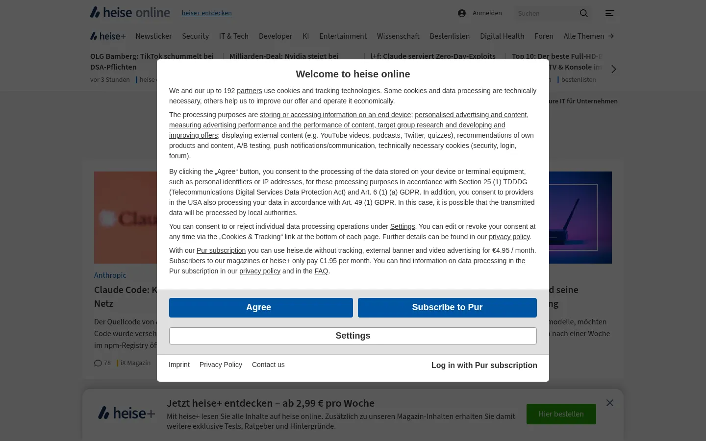 Screenshot der geprüften Website https://heise.de/