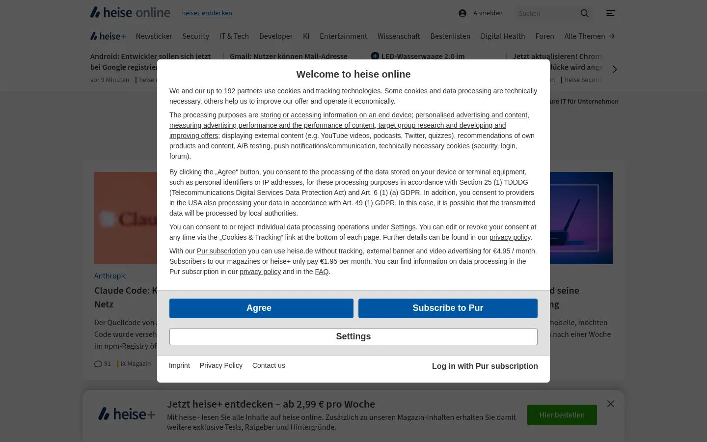 Screenshot der geprüften Website https://heise.de/