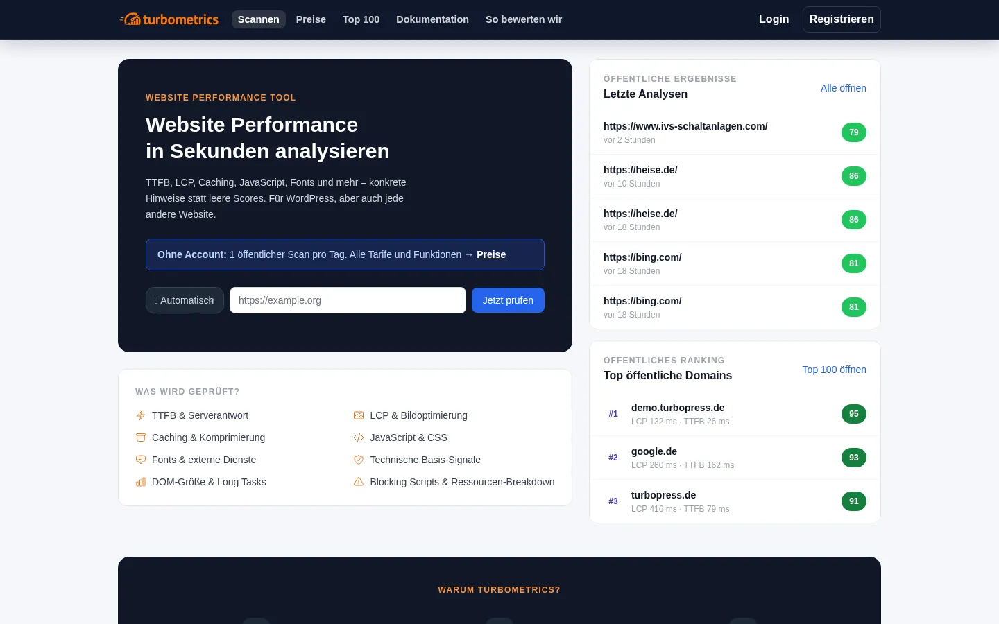 Screenshot der geprüften Website https://turbometrics.de/