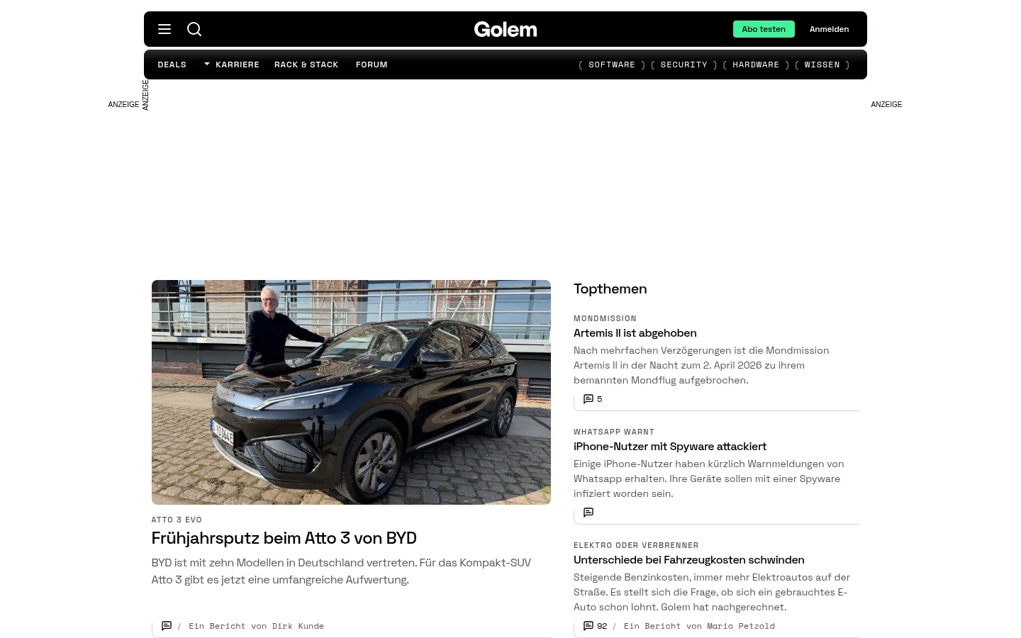 Screenshot der geprüften Website https://www.golem.de/