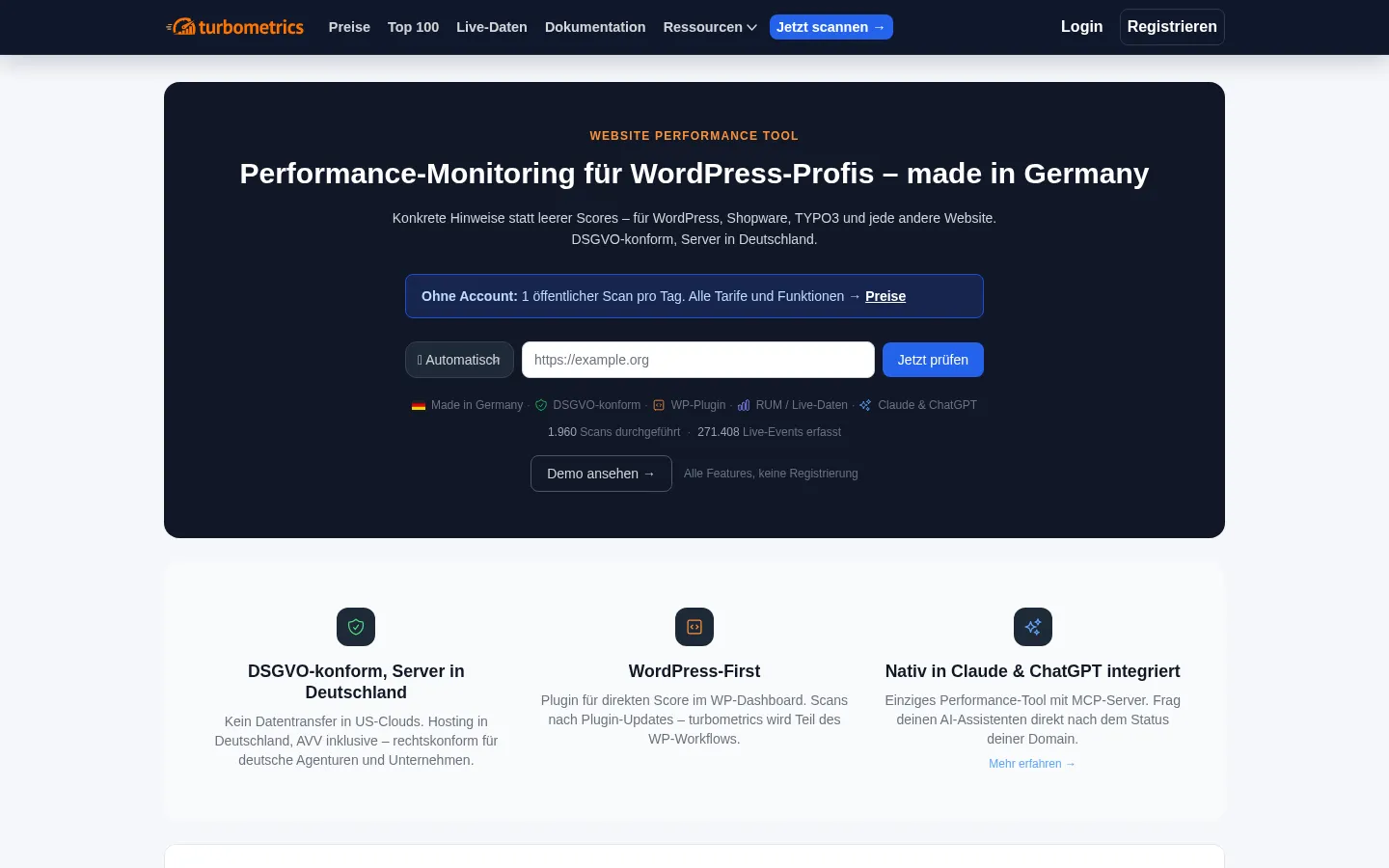 Screenshot der geprüften Website https://turbometrics.de/